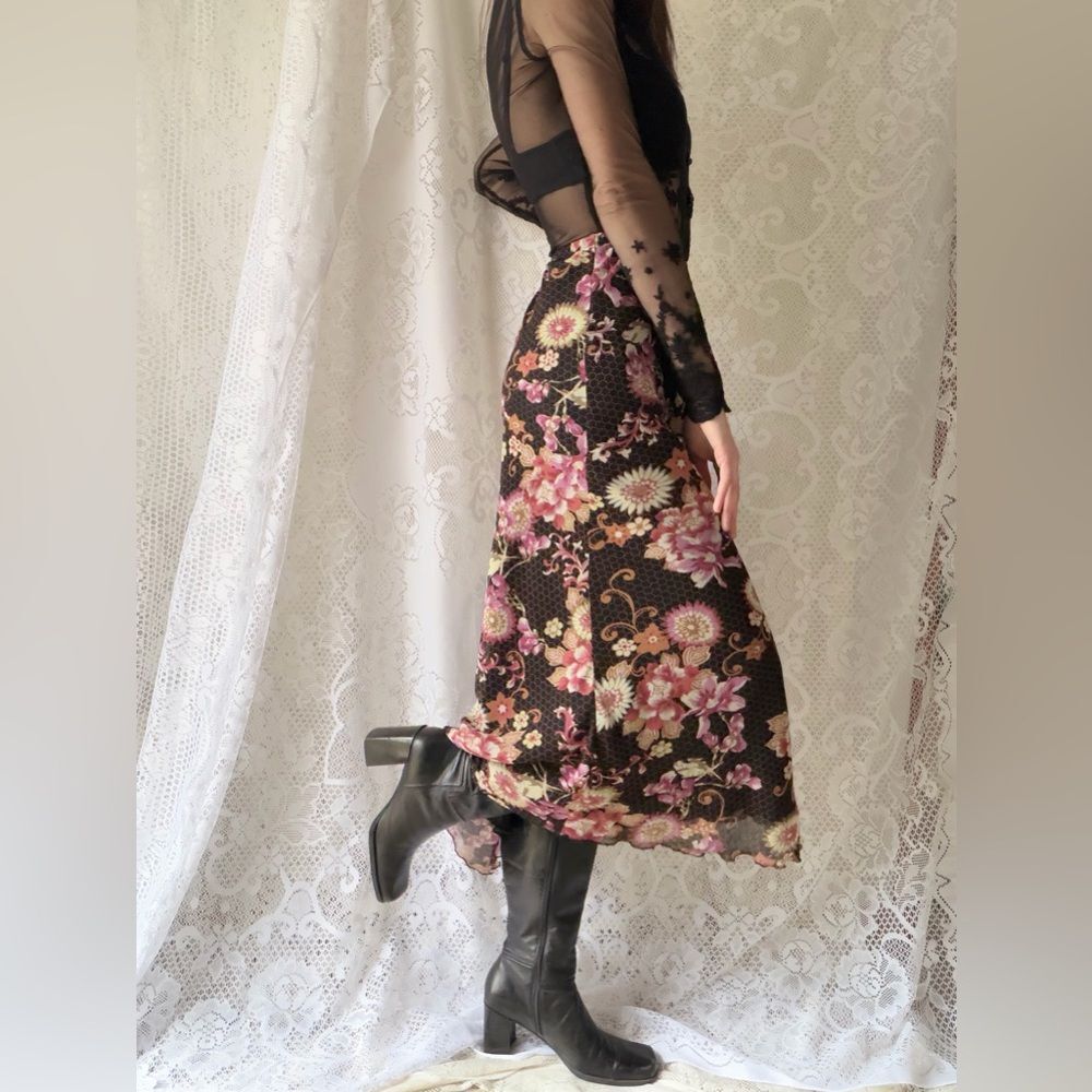 Vintage 90s Black Floral Midi Skirt Dark Romantic Y2K
